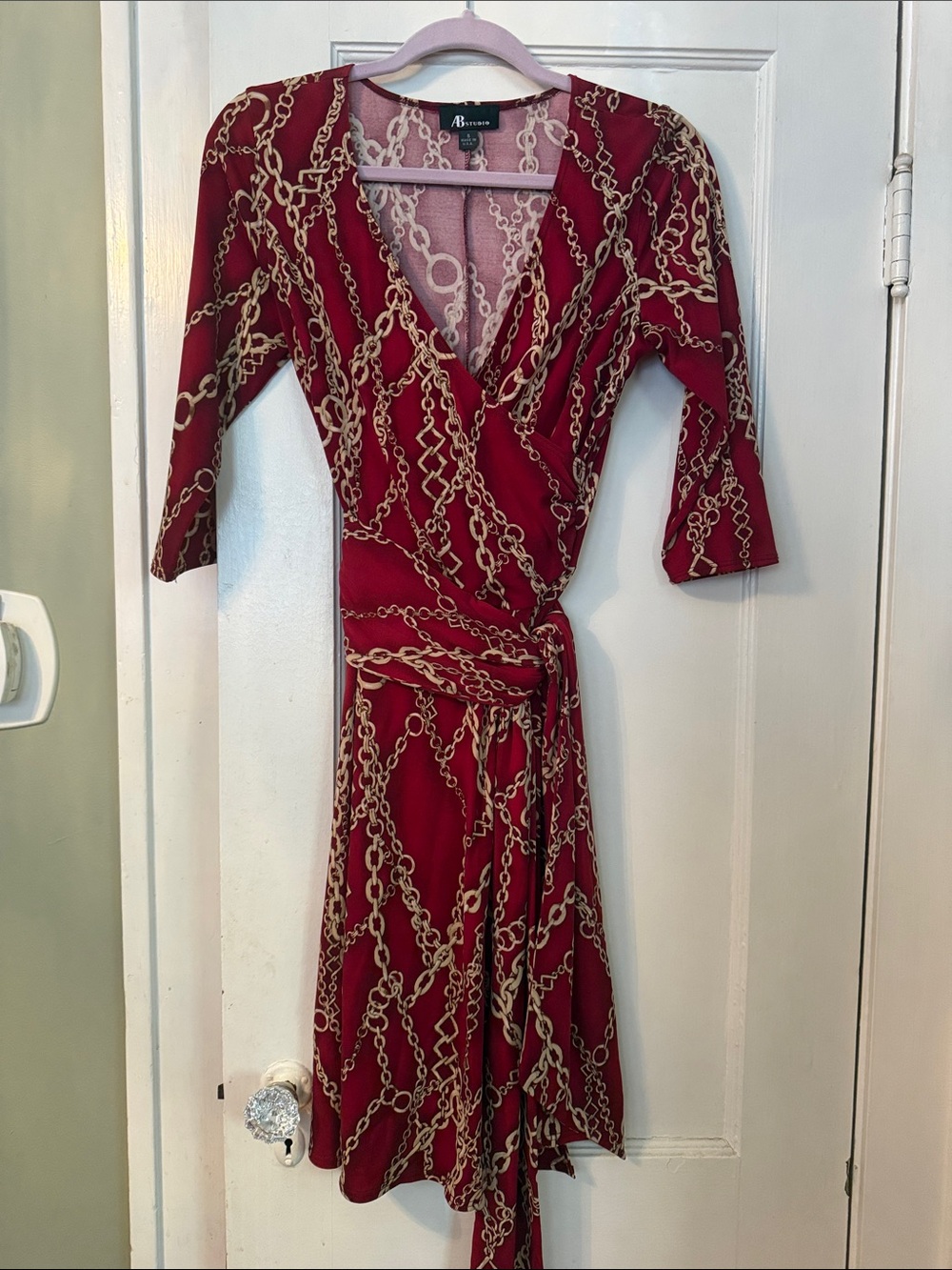 AB Studio Burgundy Chain-Print dress with Tie Waist Midi Dress